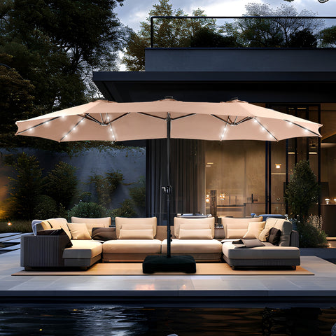 15ft Extra Large Double-Sided Patio Umbrella with Solar Powered LED Lights (Base Included)