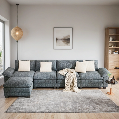 Modular Chenille Cloud Sofa with Ottoman for Living Room & Apartment