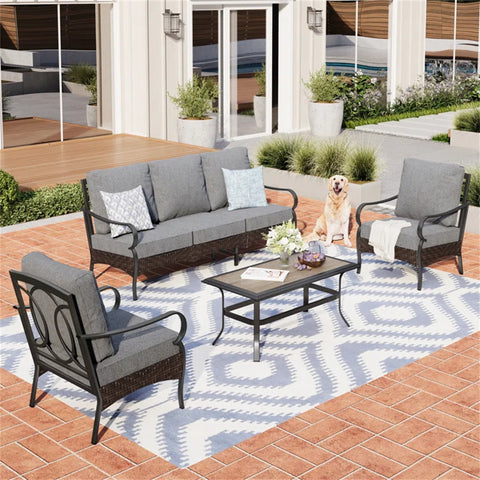 5-Seat Thick Cushion Steel-Rattan Patio Conversation Sofa Set with Coffee Table