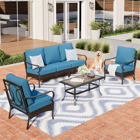 5-Seat Thick Cushion Steel-Rattan Patio Conversation Sofa Set with Coffee Table