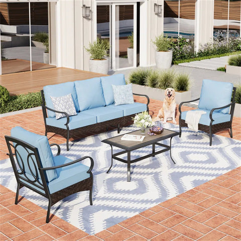 5-Seat Thick Cushion Steel-Rattan Patio Conversation Sofa Set with Coffee Table