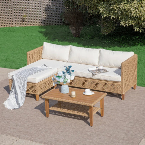 Boho Style Outdoor Wicker Conversation Sofa set with Acacia Wood Coffee Table