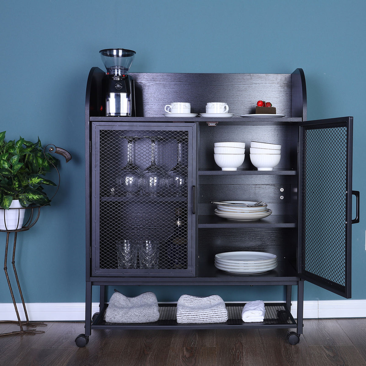 PHI VILLA Movable Kitchen Island Cart with Visual Doors and Storage Cabinets