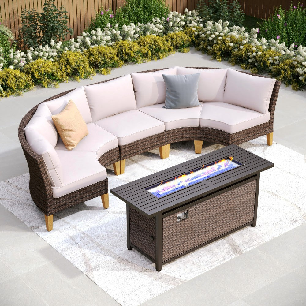 7-Seat Luxurious Half-moon Rattan Sofa with 56" Rattan Fire Pit Table