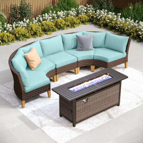 7-Seat Luxurious Half-moon Rattan Sofa with 56" Rattan Fire Pit Table