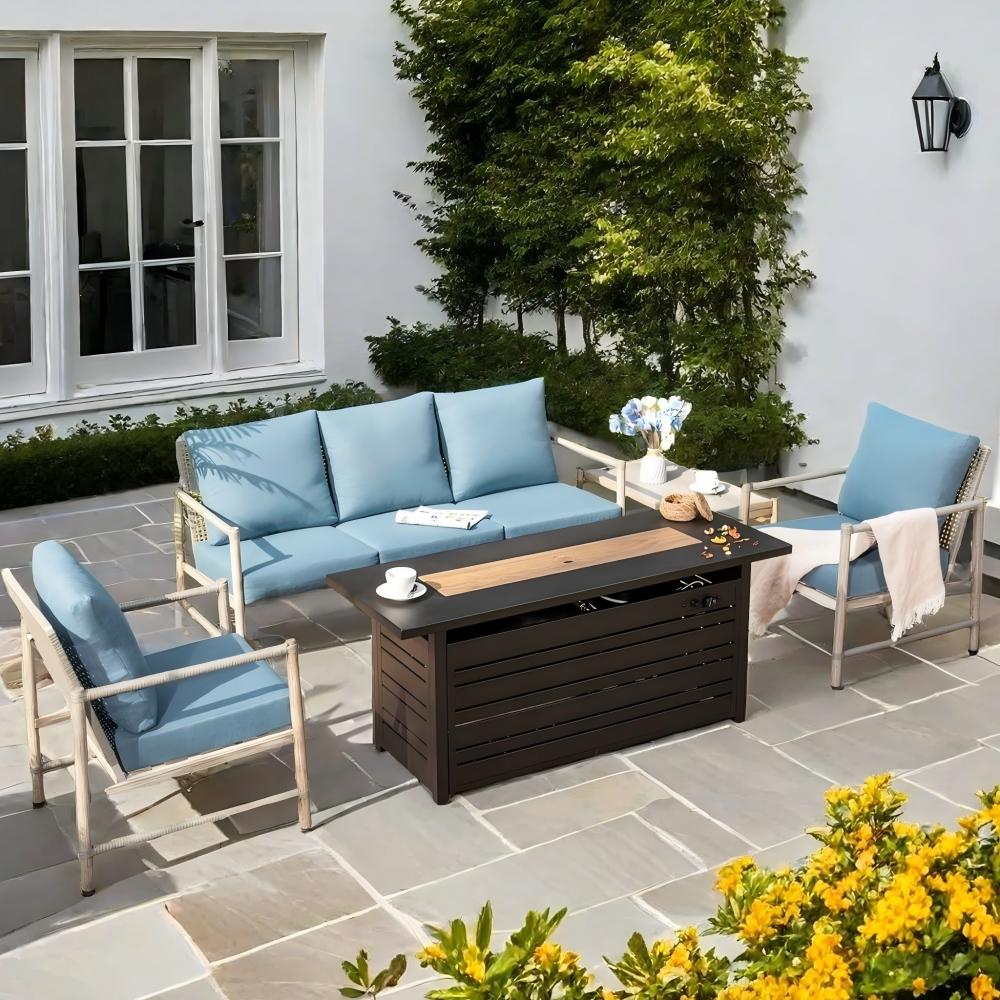 PHI VILLA 5-Seat Patio Sofa With Double-Strand Wicker Backrest and 56'' Gas Fire Pit Table