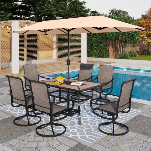 PHI VILLA 8-Piece 13ft Beige Umbrella Patio Dining Set with Textilene Swivel Chair and Wood-like Table