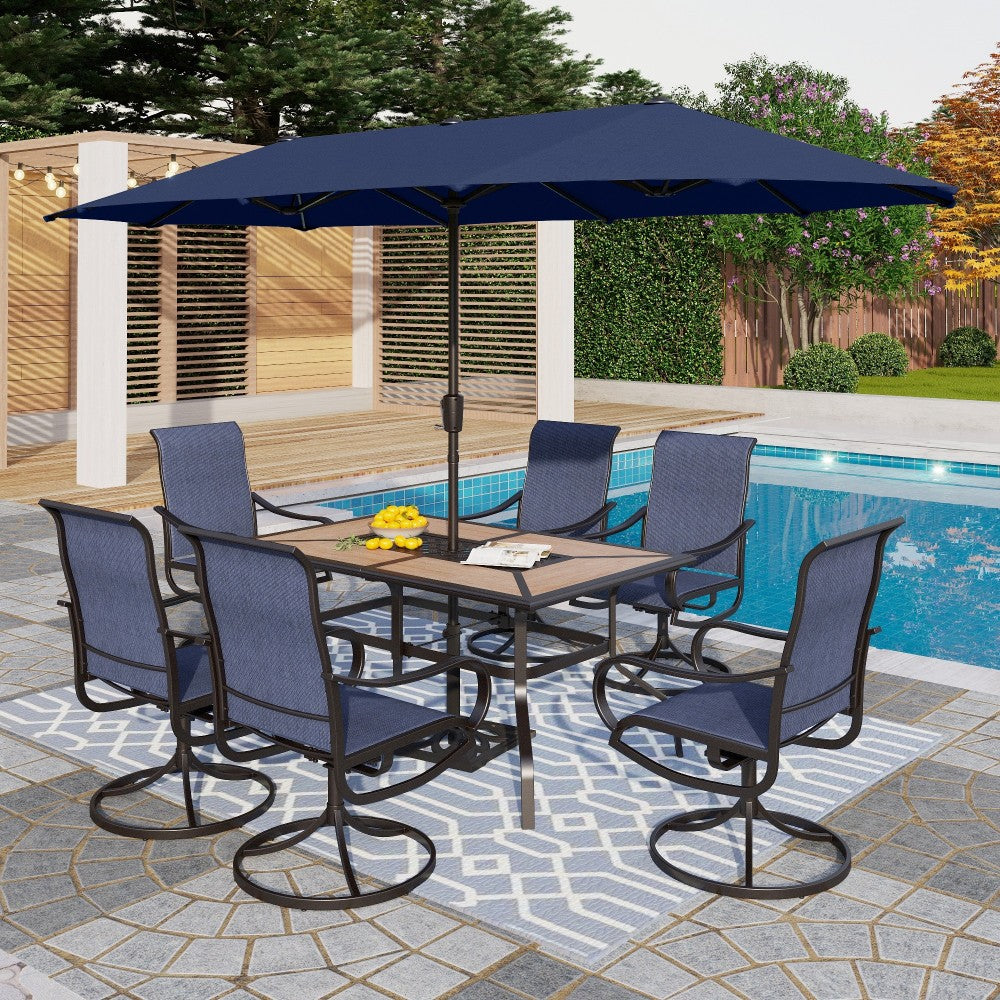 PHI VILLA 8-Piece 13ft Navy Blue Umbrella Patio Dining Set with Blue Textilene Swivel Chair and Wood-like Table