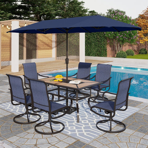 PHI VILLA 8-Piece 13ft Navy Blue Umbrella Patio Dining Set with Blue Textilene Swivel Chair and Wood-like Table