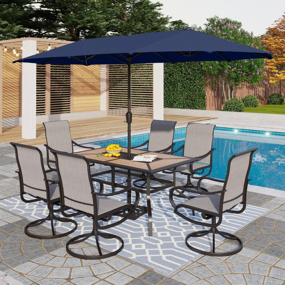 PHI VILLA 8-Piece 13ft Navy Blue Umbrella Patio Dining Set with Grey Textilene Swivel Chair and Wood-like Table