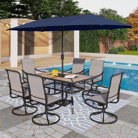 PHI VILLA 8-Piece 13ft Navy Blue Umbrella Patio Dining Set with Grey Textilene Swivel Chair and Wood-like Table