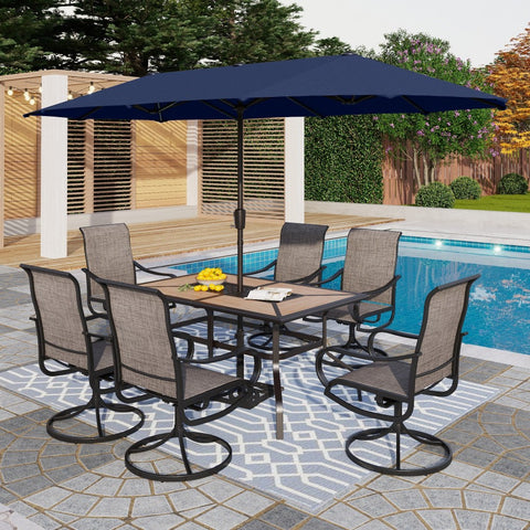 PHI VILLA 8-Piece 13ft Navy Blue Umbrella Patio Dining Set with Textilene Swivel Chair and Wood-like Table