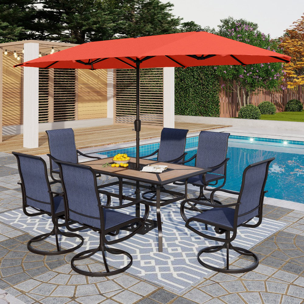PHI VILLA 8-Piece 13ft Orange Red Umbrella Patio Dining Set with Blue Textilene Swivel Chair and Wood-like Table