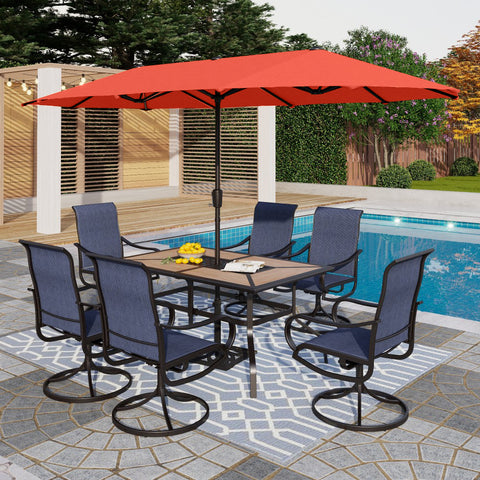 PHI VILLA 8-Piece 13ft Orange Red Umbrella Patio Dining Set with Blue Textilene Swivel Chair and Wood-like Table