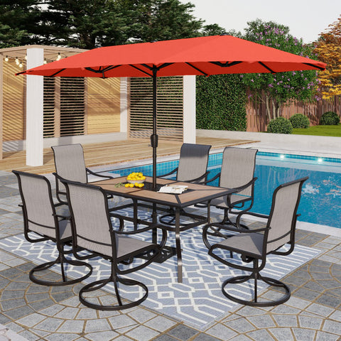 PHI VILLA 8-Piece 13ft Orange Red Umbrella Patio Dining Set with Grey Textilene Swivel Chair and Wood-like Table