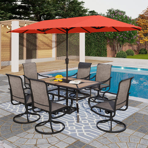 PHI VILLA 8-Piece 13ft Orange Red Umbrella Patio Dining Set with Textilene Swivel Chair and Wood-like Table