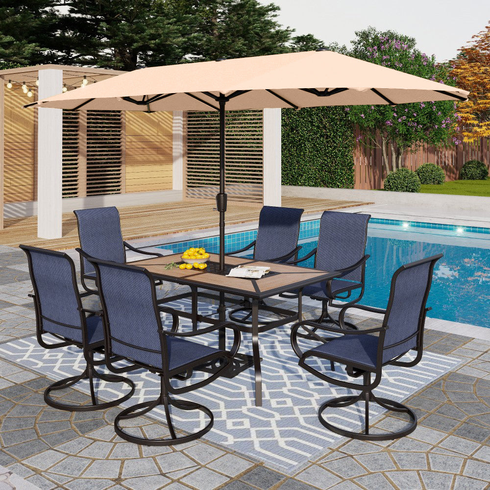PHI VILLA 8-Piece 13ft Umbrella Patio Dining Set with Blue Textilene Swivel Chair and Wood-like Table