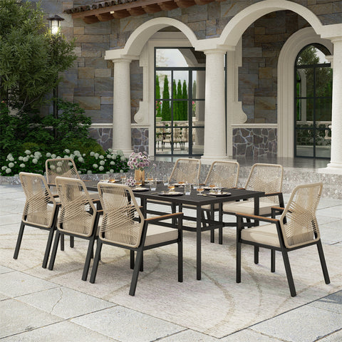 PHI VILLA 9-Piece Outdoor Patio Dining Set with Handcrafted Rattan Rope Chairs