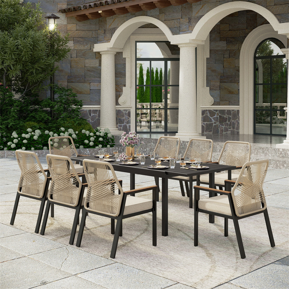 PHI VILLA 9-Piece Outdoor Patio Dining Set with Handcrafted Rattan Rope Chairs with Expandable Table