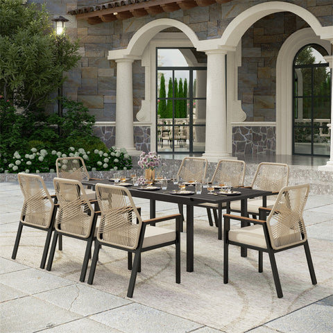PHI VILLA 9-Piece Outdoor Patio Dining Set with Handcrafted Rattan Rope Chairs with Expandable Table
