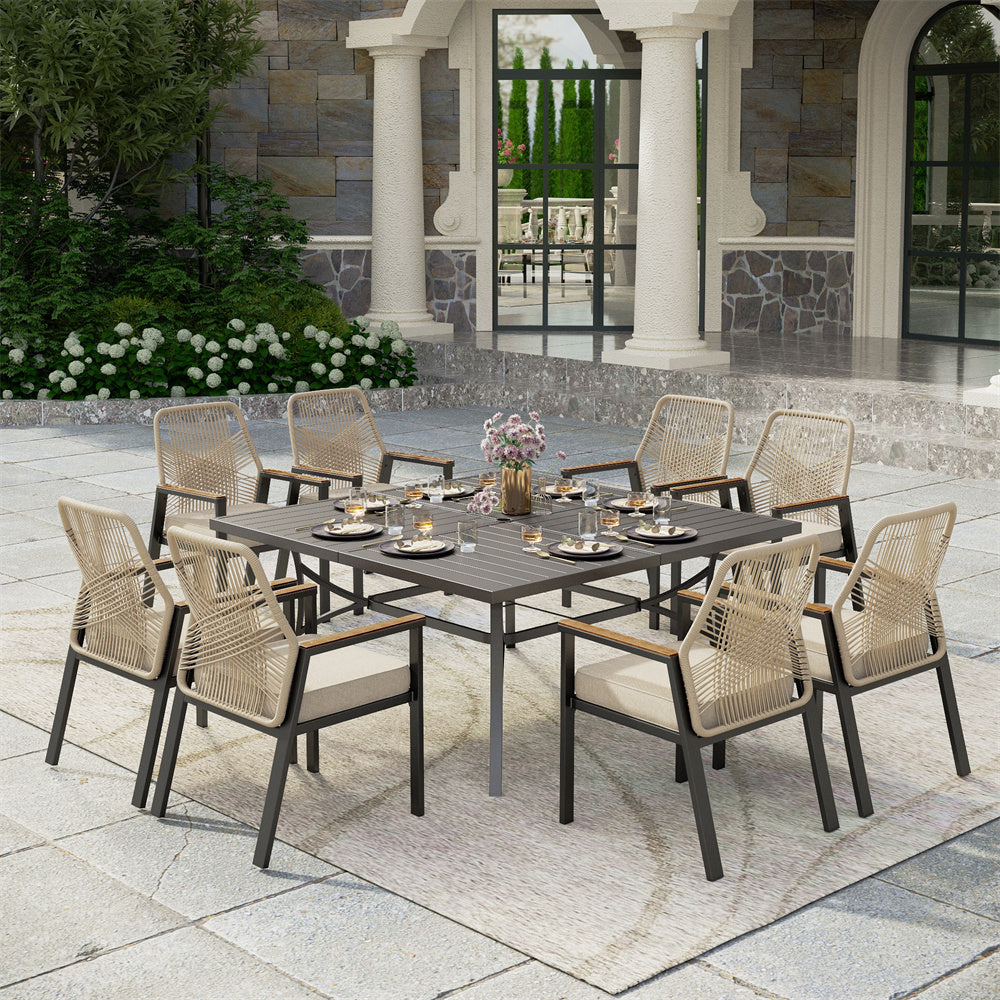PHI VILLA 9-Piece Outdoor Patio Dining Set with Handcrafted Rattan Rope Chairs with Expandable Table with Square Metal Table