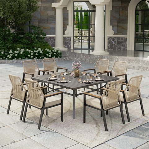 PHI VILLA 9-Piece Outdoor Patio Dining Set with Handcrafted Rattan Rope Chairs with Expandable Table with Square Metal Table