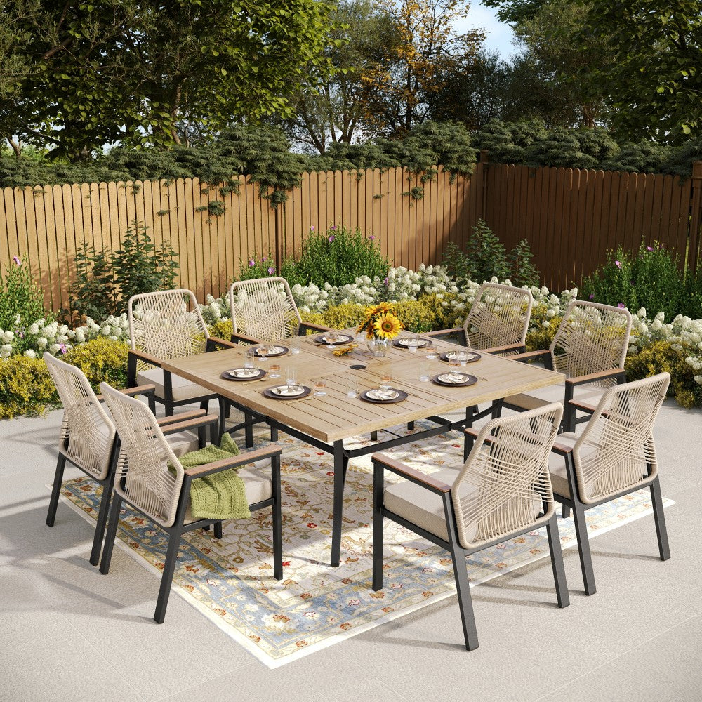 PHI VILLA 9-Piece Outdoor Patio Dining Set with Handcrafted Rattan Rope Chairs with Expandable Table with Wood-like Table