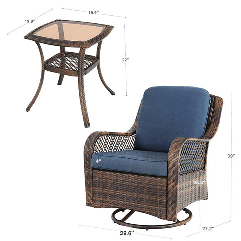 3-Piece Patio Conversation Set with Rattan Swivel Rocking Chairs