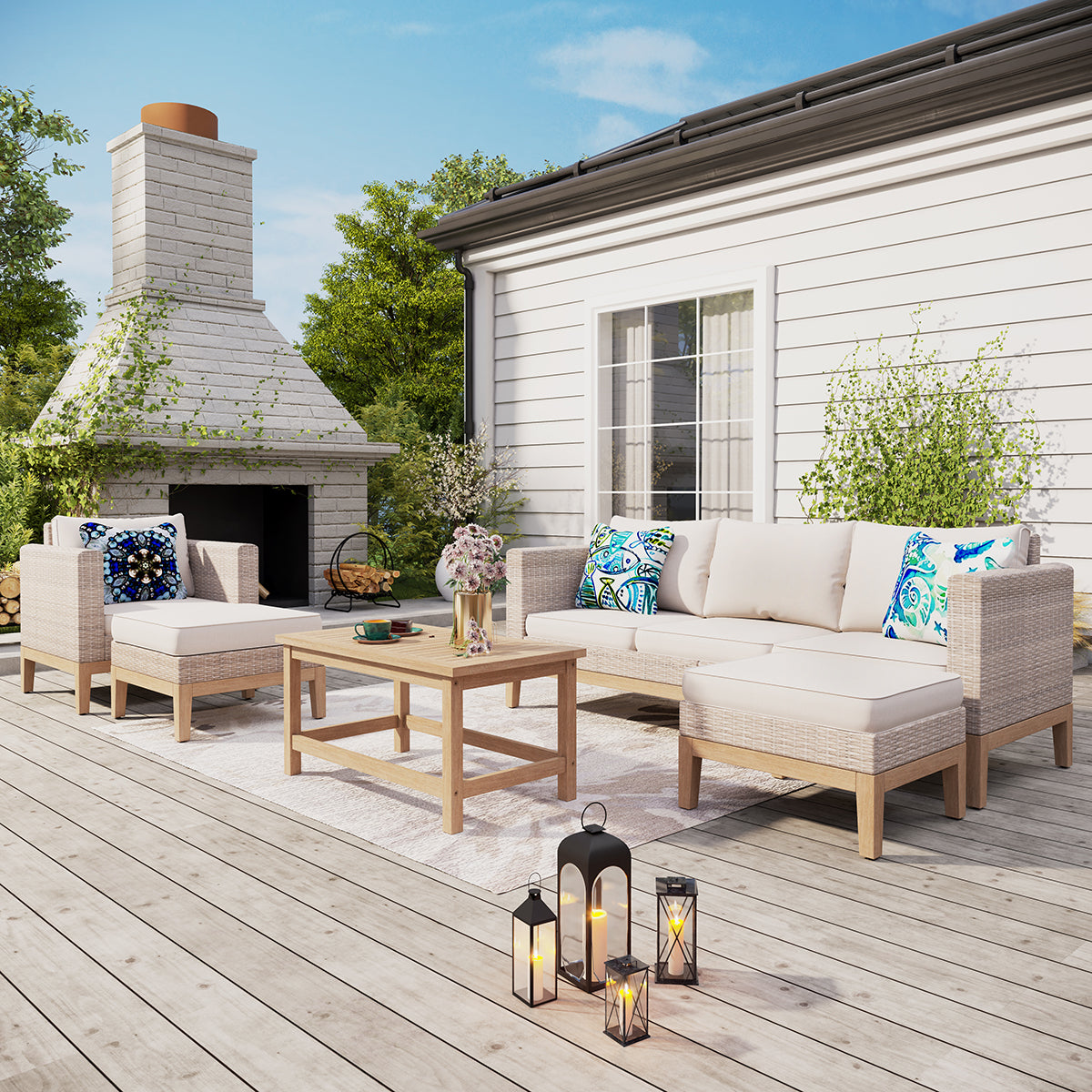 5-Piece Wooden Country Sofa with Ottoman