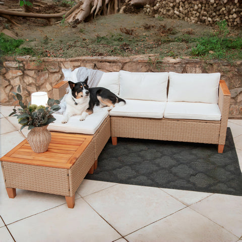 Outdoor Rattan Conversation Sofa Set with Acacia Wood Coffee Table
