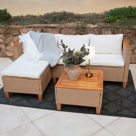 Outdoor Rattan Conversation Sofa Set with Acacia Wood Coffee Table