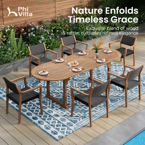 7/9 Piece Outdoor Acacia Wood Dining Set with Extendable Table and Rattan Chairs