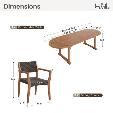 7/9 Piece Outdoor Acacia Wood Dining Set with Extendable Table and Rattan Chairs