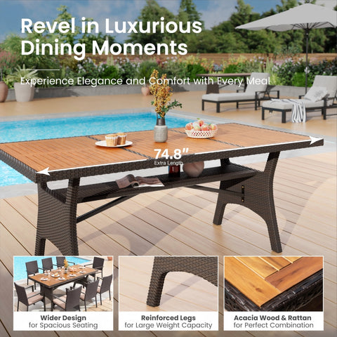 Acacia Wood Outdoor Dining Table with Rattan Accents