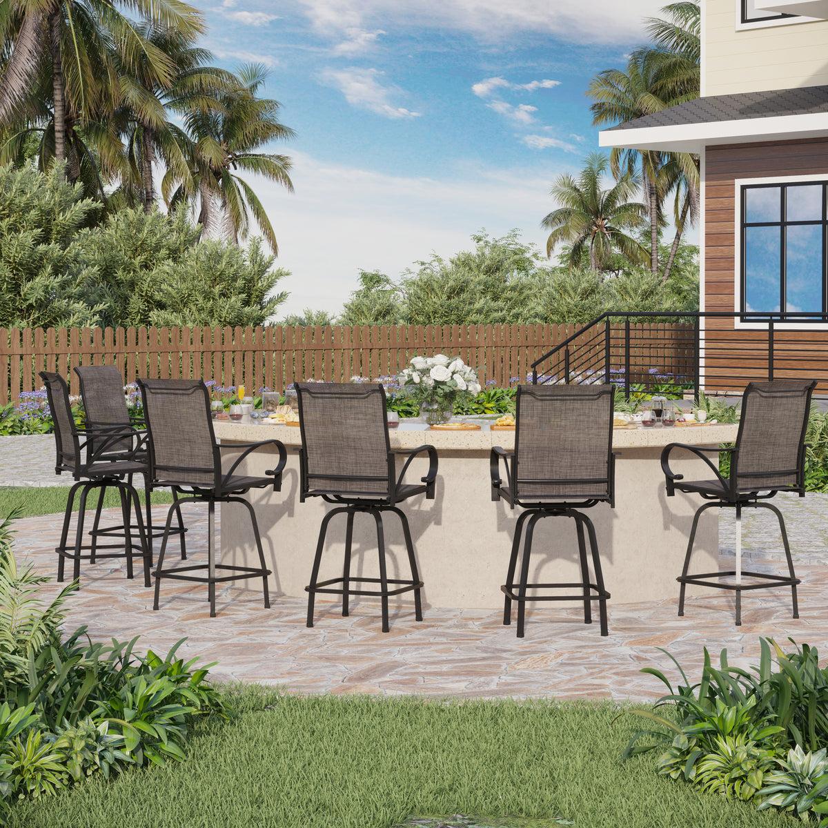 Grey Textilene Sling Fabric Patio Swivel High Bar Stools