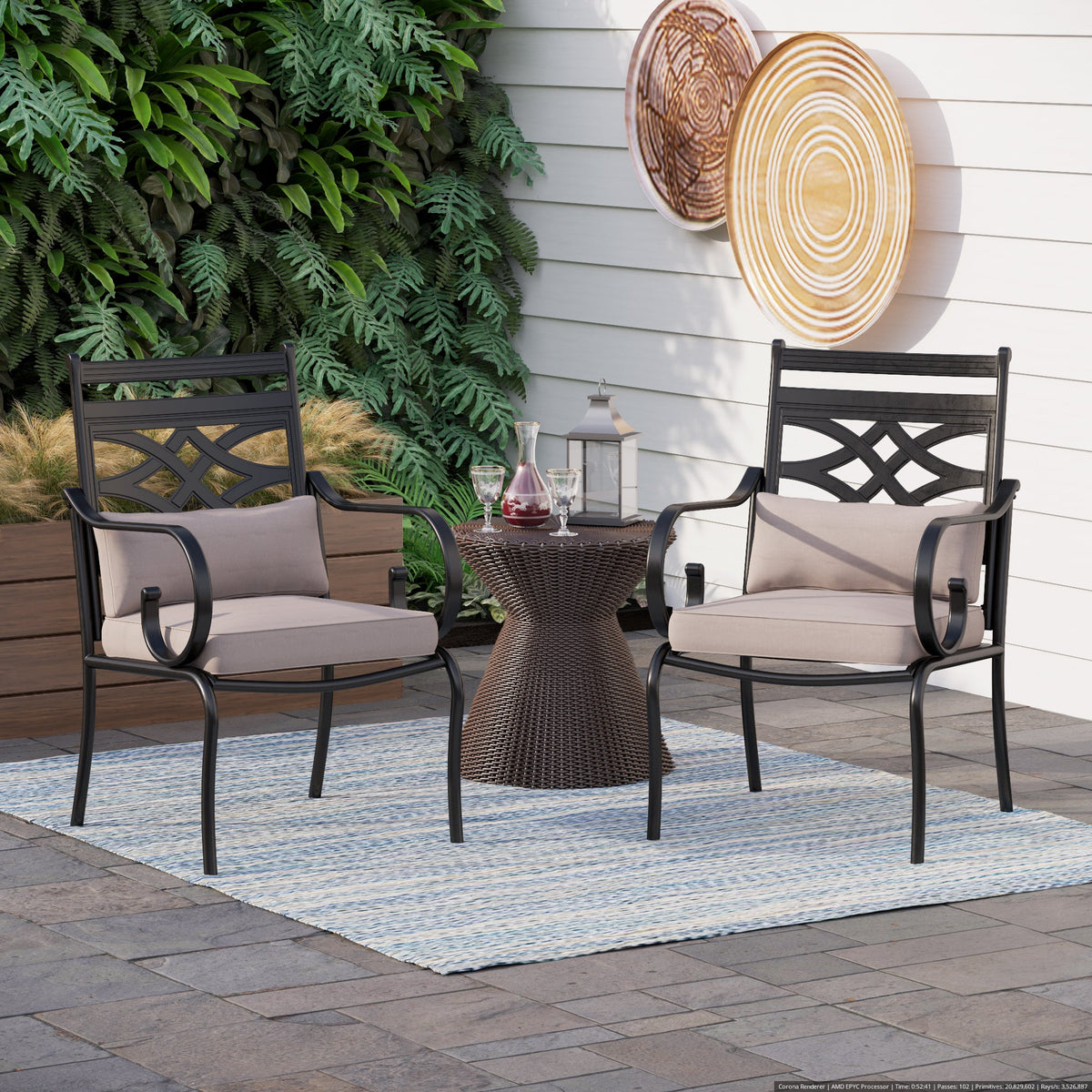 2-Piece Cast Iron Pattern Patio Fixed Dining Chairs with Thick Cushions