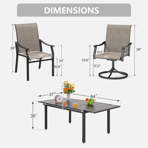 7 Piece Ergo Sling Fixed & Swivel Chairs Patio Dining Set with Expandable Table