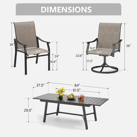 7 Piece Ergo Sling Fixed & Swivel Chairs Patio Dining Set with Expandable Table