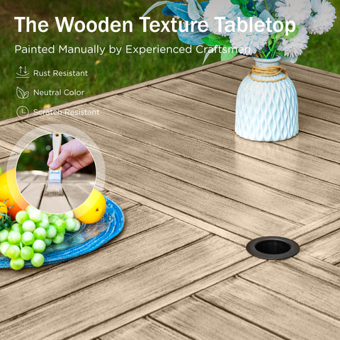 9-Piece Large Wood-grain Square Table & Rattan-Steel Cushioned Chairs