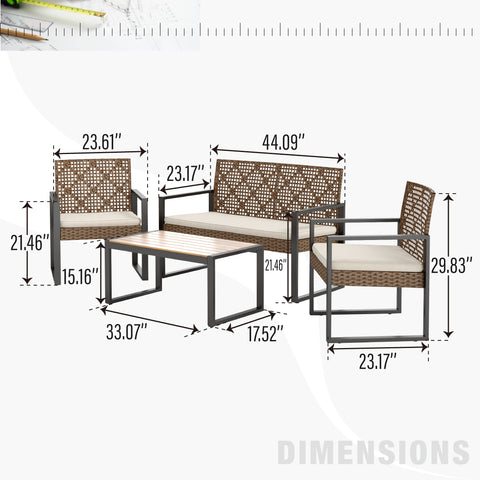 4-Piece Contemporary Rattan-wood Patio Conversation Set