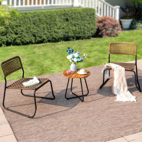 3-Piece Stackable Outdoor Rattan Patio Bistro Set with Solid Acacia Table