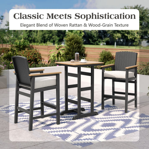 3-Piece Outdoor High Bar Set with HDPE Wicker Stools & Wood-Like Table