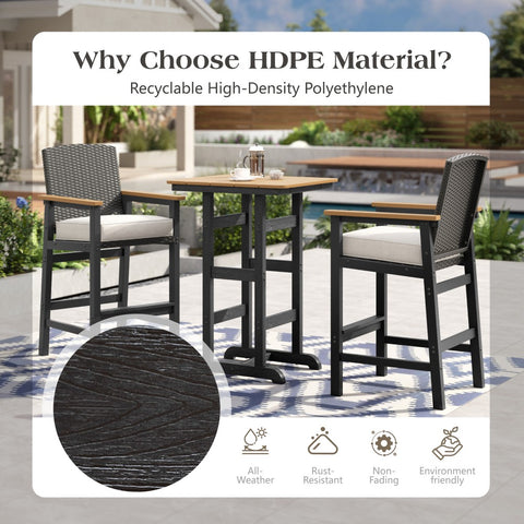 3-Piece Outdoor High Bar Set with HDPE Wicker Stools & Wood-Like Table
