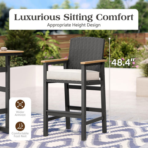 3-Piece Outdoor High Bar Set with HDPE Wicker Stools & Wood-Like Table