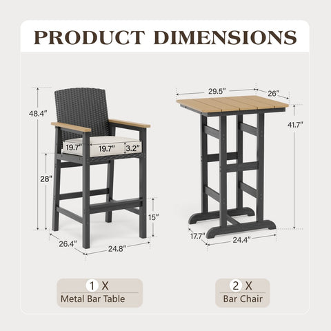 3-Piece Outdoor High Bar Set with HDPE Wicker Stools & Wood-Like Table