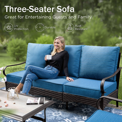 5-Seat Thick Cushion Steel-Rattan Patio Conversation Sofa Set with Coffee Table