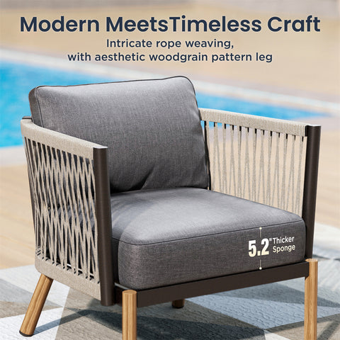 5 Seats Rope Weaving Patio Conversation Sofa Set with Coffee Table, End Table & Ottoman