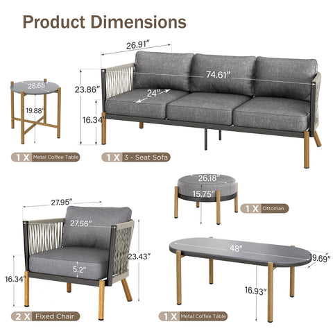 5 Seats Rope Weaving Patio Conversation Sofa Set with Coffee Table, End Table & Ottoman