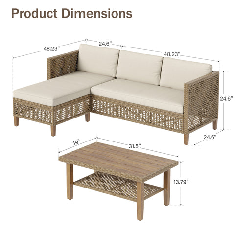 Boho Style Outdoor Wicker Conversation Sofa set with Acacia Wood Coffee Table