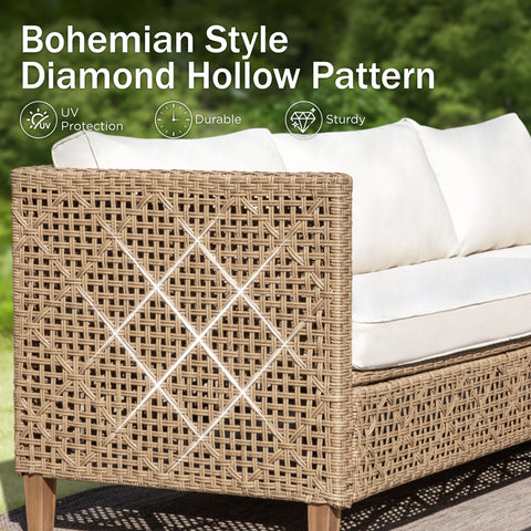 Boho Style Outdoor Wicker Conversation Sofa set with Acacia Wood Coffee Table